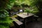 a wooden table surrounded by lush greenery, with a stream in the background