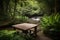 a wooden table surrounded by lush greenery, with a stream in the background