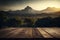 Wooden table terrace with early morning tranquility and natural scenery