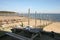 Wooden table terrace seafood oysters tasting on le Canon village Beach in Cap Ferret Arcachon bay France