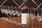 On a wooden table there is a bottle with grappa, next to it are wine glasses for grappa, a concept, on the background of