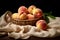 On the wooden table there is a linen beige towel on which there is a basket with ripe peaches