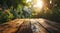 wooden table top on landscape background in blurry sunlight