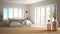 Wooden table top or shelf with aromatic sticks bottles over blurred modern bedroom with classic bed, white architecture interior