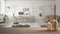 Wooden table top or shelf with aromatic sticks bottles over blurred multifunctional loft with home office workplace, white archite