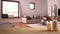 Wooden table top or shelf with aromatic sticks bottles over Cosy dove gray and beige living room with sofa and pillows, lounge,