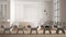 Wooden table top or shelf with line of stylized dogs, dog friendly concept, love for animals, animal dog proof home, modern white