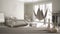 Wooden table top or shelf with minimalistic modern vases over blurred classic bedroom with hammock, white interior