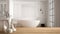 Wooden table top or shelf with minimalistic modern vases over blurred minimal luxury bathroom with panoramic window, carpet and