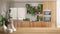 Wooden table top or shelf with minimalistic modern vases over modern kitchen with appliances, many houseplants, urban jungle,