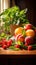 A wooden table topped with a bowl of fruit, AI