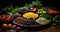 A wooden table topped with bowls filled with different types of vegetables, AI