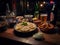 A wooden table topped with bowls of food and drinks. AI generative image . Japanese street food.