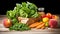 A wooden table topped with fresh vegetables and fruit, AI