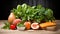 A wooden table topped with lots of fresh vegetables, AI