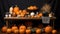 A wooden table topped with lots of pumpkins. AI.