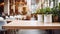 A wooden table topped with potted plants