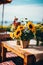 A wooden table topped with vases filled with sunflowers, AI