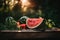 A wooden table topped with watermelons and a knife. AI generative image.