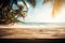 a wooden table with a view of a beach and palm trees in the background with a blurry image of the ocean in the background