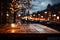 Wooden table waits amid bokeh lights, cafe charm blending with serene emptiness