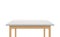 Wooden table with white surface close up. Contemporary writing table top with stylish plastic decor.