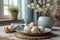 Wooden Table with Wildflowers and Eggs, Invoking Spring\\\'s Essence, A Rustic Easter Spread