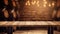 Wooden table with Wine barrels in wine-vaults in order on background