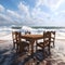 Wooden tables, chairs under beautiful sky, sea view.