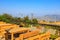 Wooden tables on the terrace of a restaurant in the mountains with a beautiful view. Southern coastal Taurus, Turkey