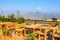 Wooden tables on the terrace of a restaurant in the mountains with a beautiful view. Southern coastal Taurus, Turkey