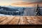A Wooden Tabletop Against Backdrop Of Snowy Winter Landscape Blank Surface