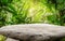 Wooden tabletop on a boulder placed among an exotic jungle