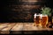 A Wooden Tabletop With Glass Of Beer Backdrop Of Modern Brewery Taproom Blank Surface