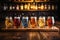 A Wooden Tabletop With Glass Of Beer Backdrop Of Stylish Beer Flight Tasting Room