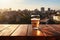 Wooden Tabletop With Glass Of Beer Backdrop Of Stylish Rooftop Terrace Blank Surface