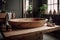 Wooden tabletop for product display with blurred bathroom interior featuring bathtub and minimalist design