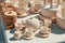 wooden teapot with cups. various wooden toys as a gift, eco-friendly and safe handmade products for the development and