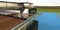 Wooden terrace of amazing high tech house. Big blue water swimming pool. Green field around. 3d render.