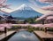 Wooden terrace and grass garden Japanese style with Mount Fuji in the background.generative AI