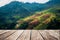 Wooden terrace with landscape of mountain and sky, vintage tone
