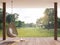 Wooden terrace with morning garden view 3d render