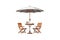 Wooden terrace table with two chairs and umbrella on cutout PNG transparent background. Generative AI