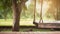Wooden terrace with wicker swing hang. Illustration AI Generative