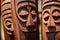 Wooden tiki masks in african style depicting idols.