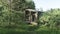 Wooden tiny house, wood building hidden in nature among the pine trees, forest, grass. POV, camera moving from wood home