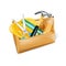 wooden tool box with hard hat, hammer, ruler, and scissors isolated