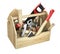 A wooden toolbox containing with ax, chisel, pliers, mallet, hammer, screwdriver, wrench, saw and wire cutters