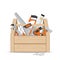 Wooden toolbox with repair and construction working tools on white background.