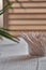 Wooden toothpicks stand on wooden table. On background of window and green twig tropical plant. Side view, vertical photo.